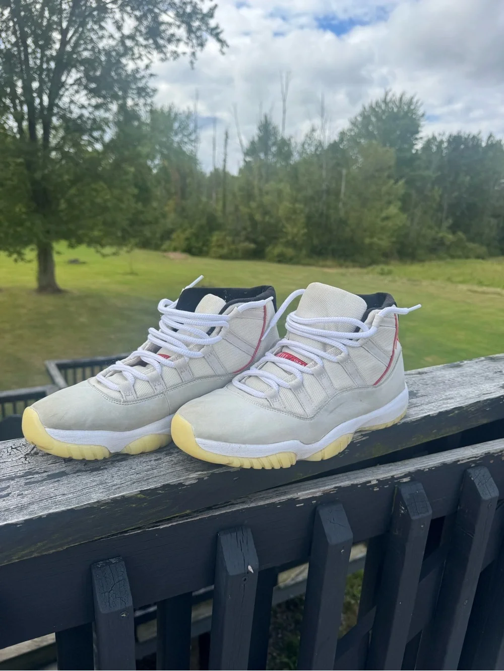 Jordan mens High-Top Sneakers in White, Light Gray and Red